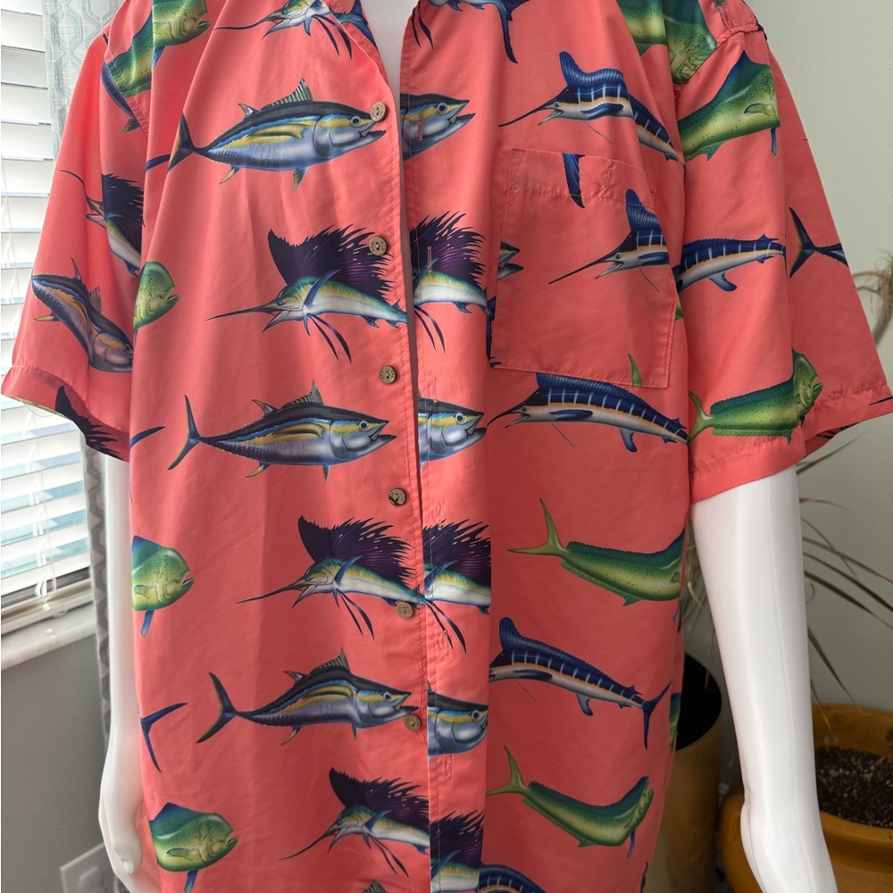 Vibrant Fish Print Coral Button Down Shirt